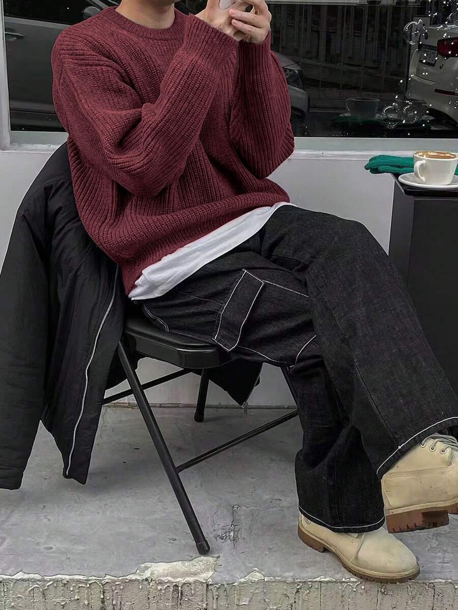 Men's Knit Drop Shoulder Crew Neck Pullover Sweater