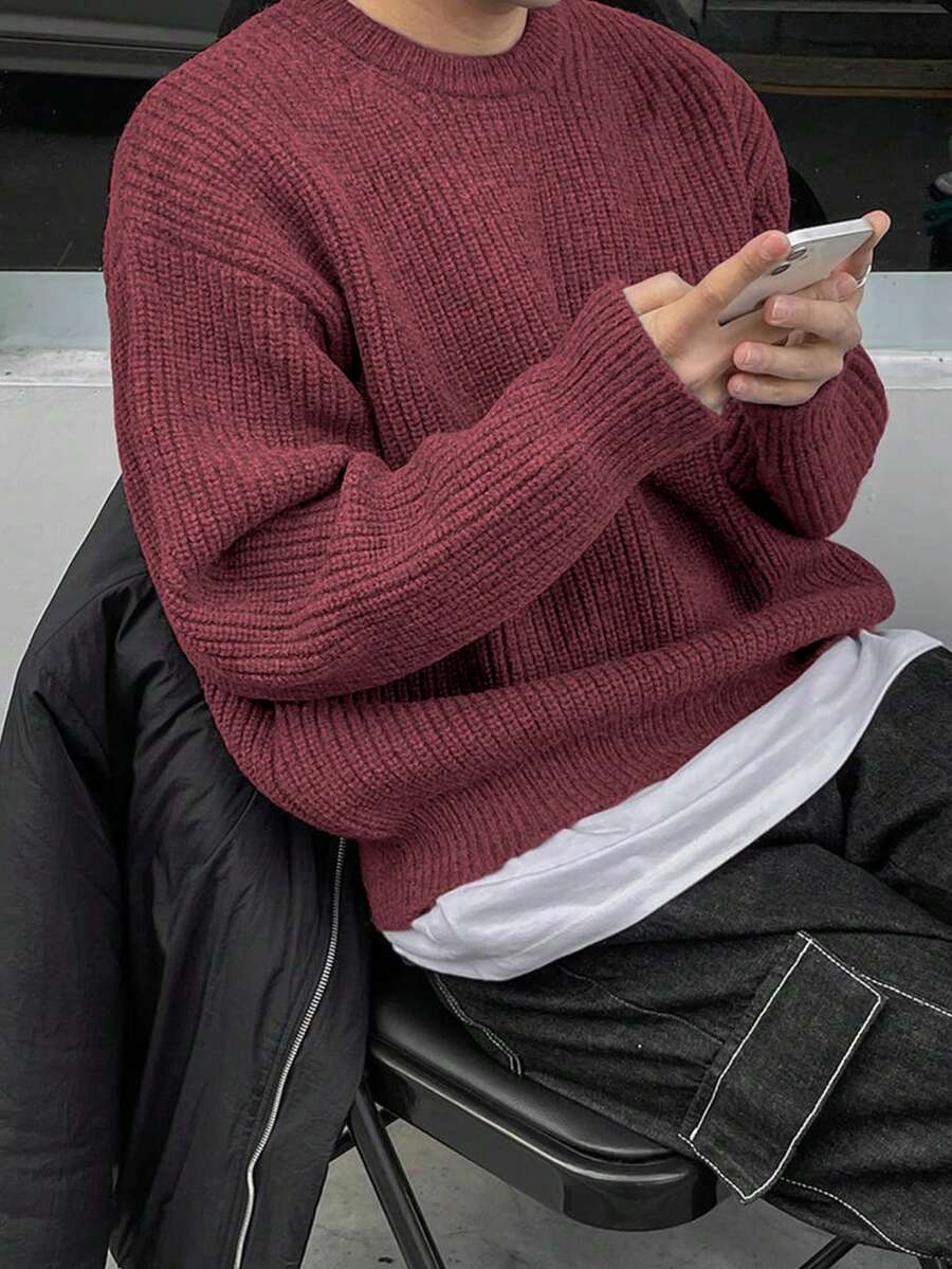 Men's Knit Drop Shoulder Crew Neck Pullover Sweater
