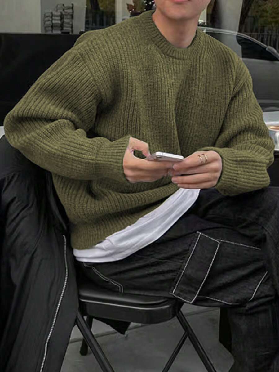 Men's Knit Drop Shoulder Crew Neck Pullover Sweater