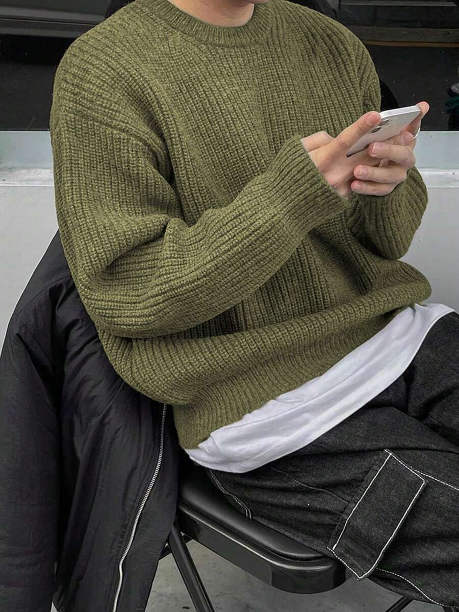Men's Knit Drop Shoulder Crew Neck Pullover Sweater