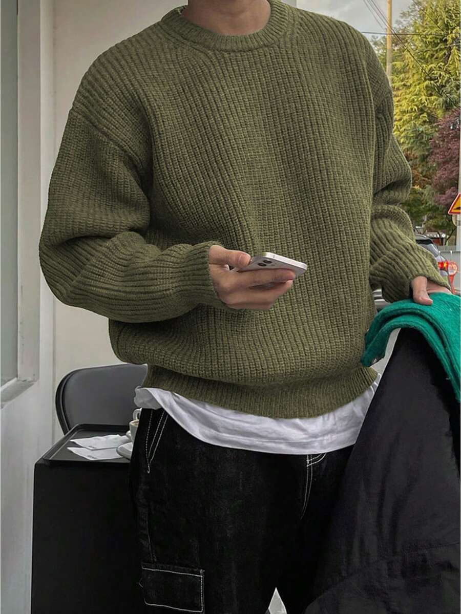 Men's Knit Drop Shoulder Crew Neck Pullover Sweater