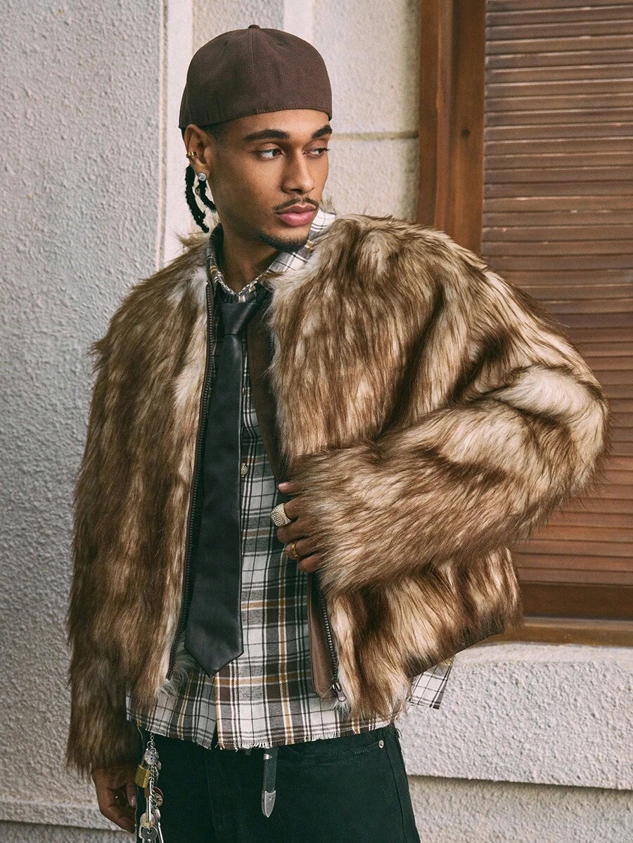 Men's Casual Zip-Up Round Neck Faux Fur Jacket