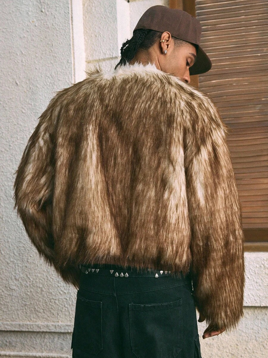 Men's Casual Zip-Up Round Neck Faux Fur Jacket