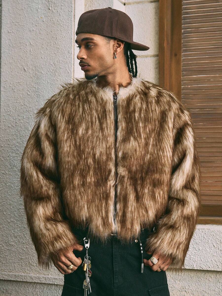 Men's Casual Zip-Up Round Neck Faux Fur Jacket