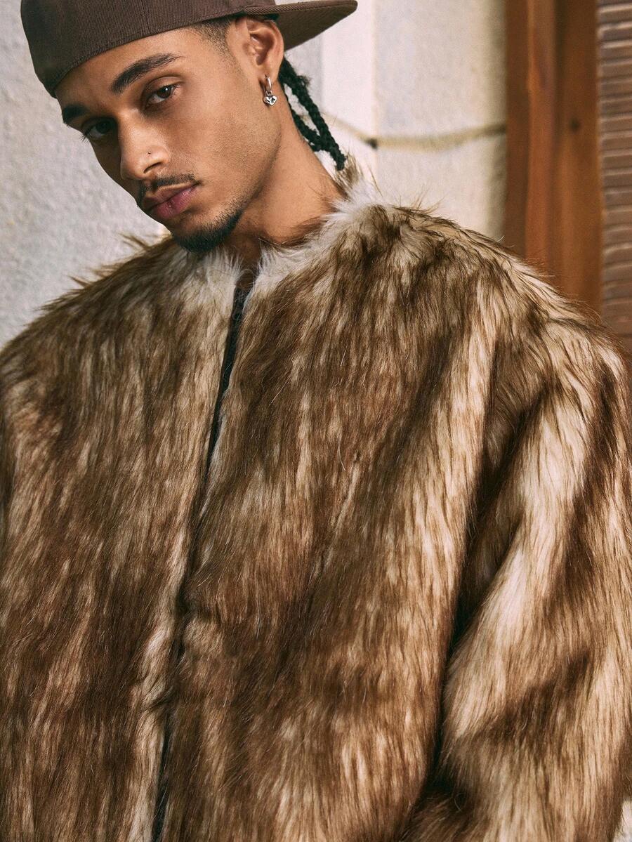 Men's Casual Zip-Up Round Neck Faux Fur Jacket