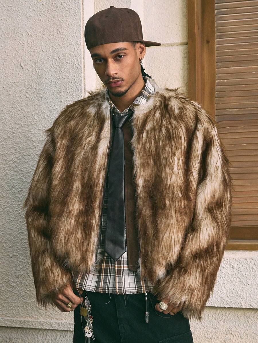 Men's Casual Zip-Up Round Neck Faux Fur Jacket