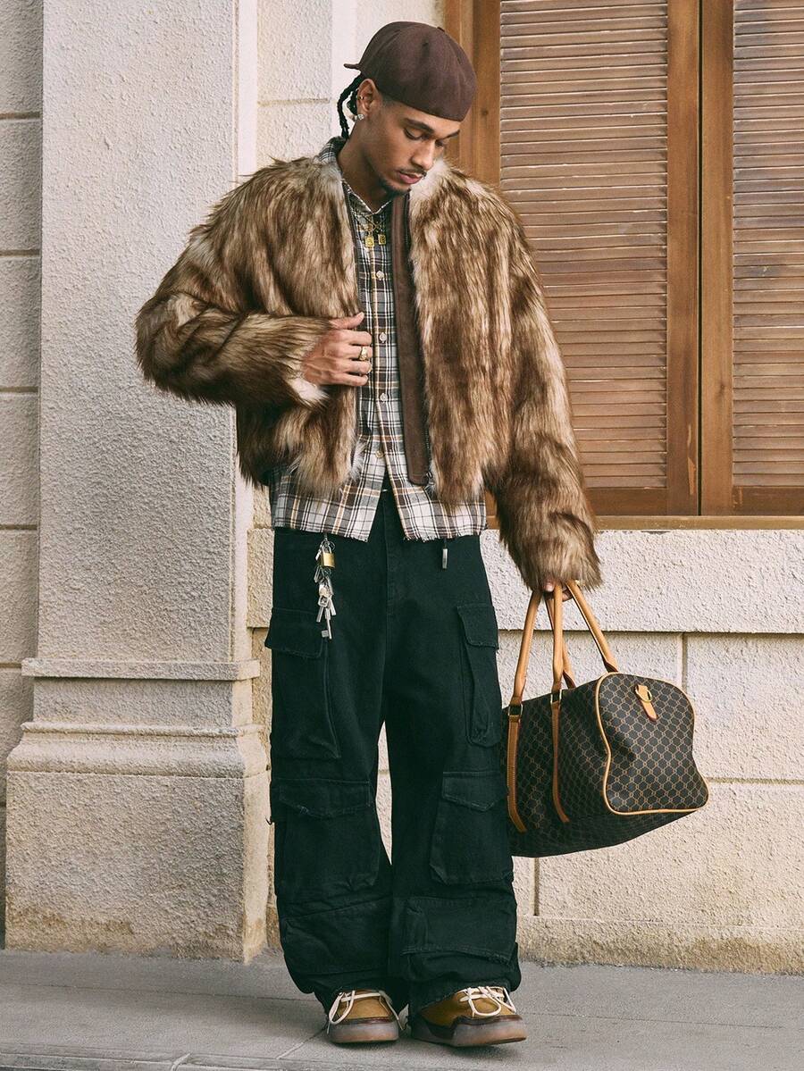 Men's Casual Zip-Up Round Neck Faux Fur Jacket