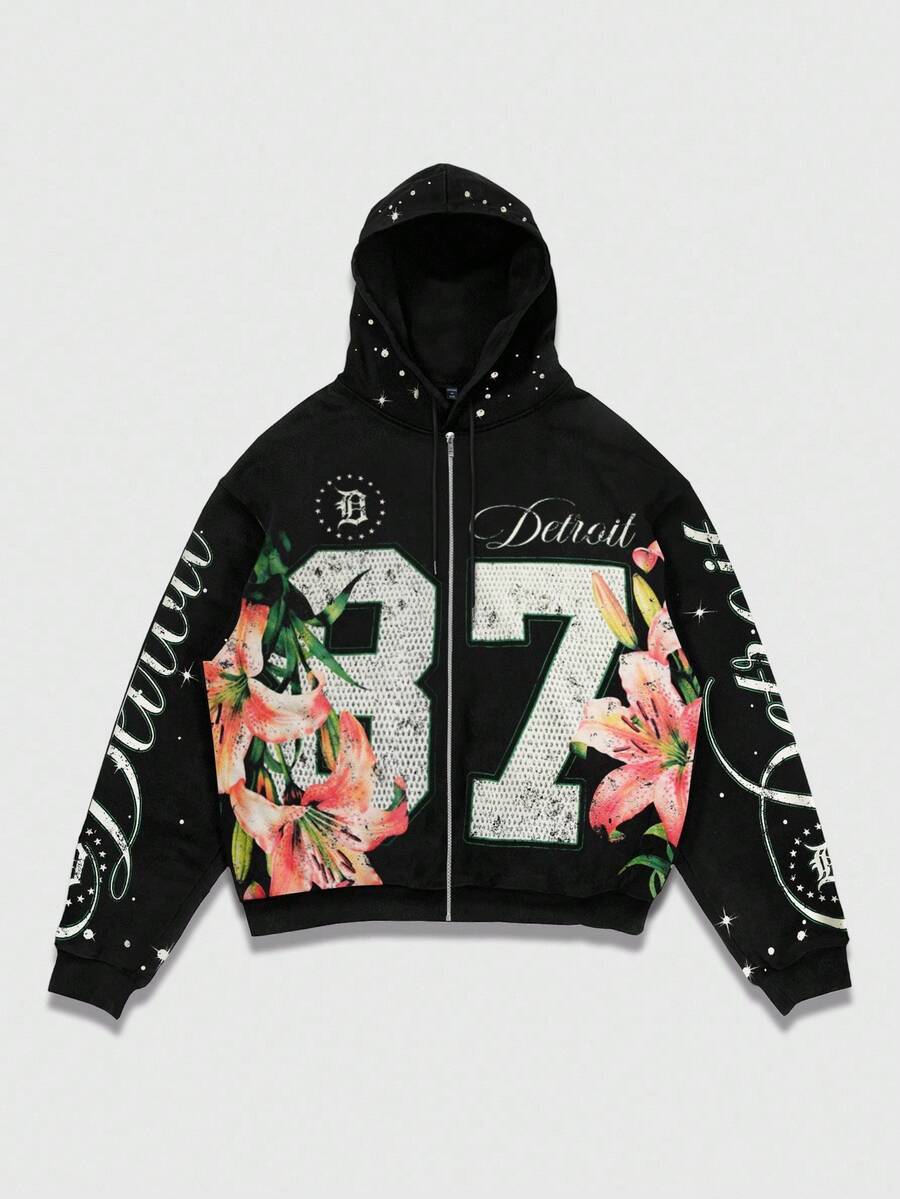 Men's Letter Graphic Print Zip-Up Hoodie