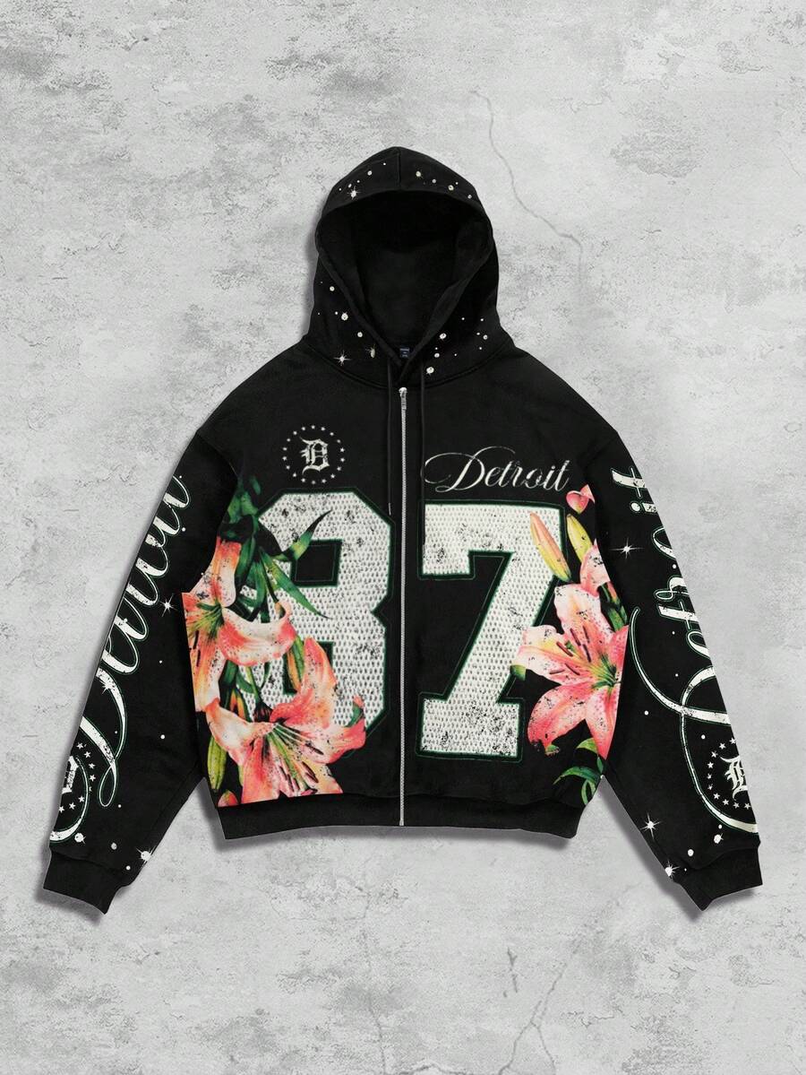 Men's Letter Graphic Print Zip-Up Hoodie