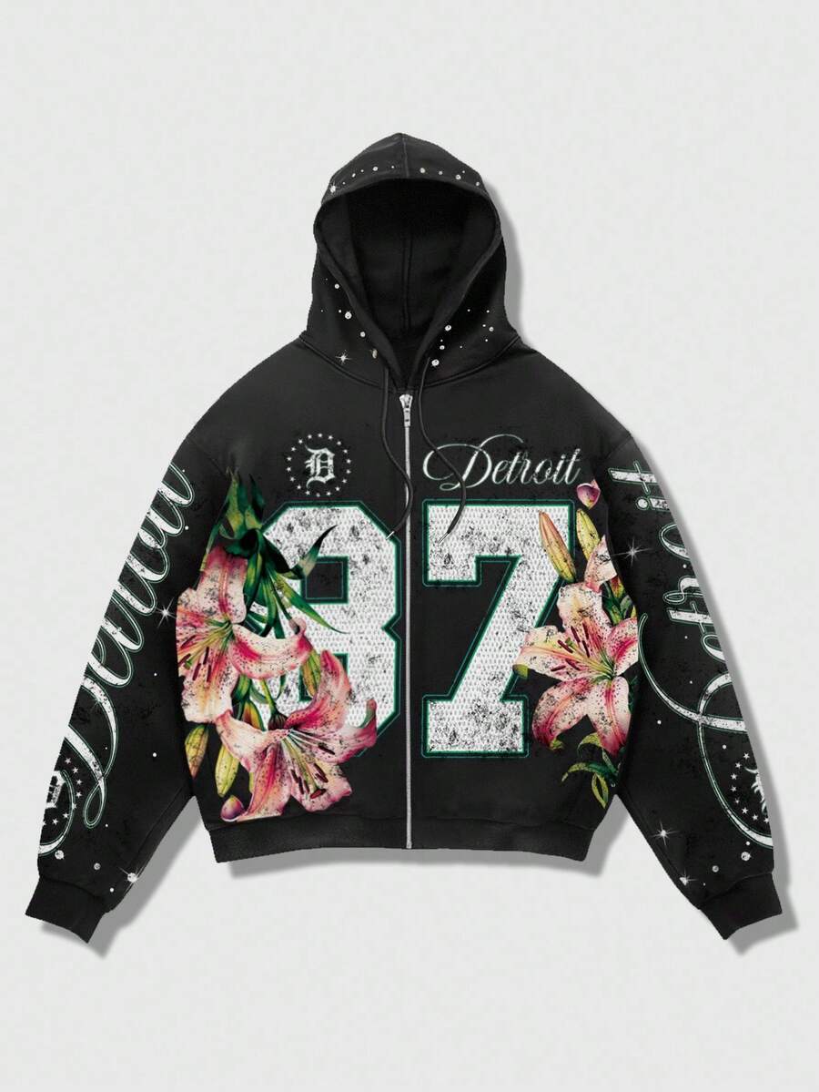 Men's Letter Graphic Print Zip-Up Hoodie