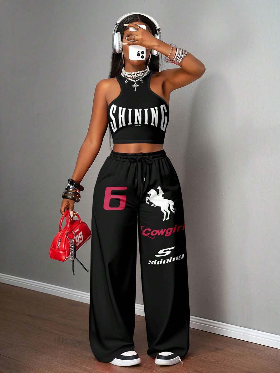 2pcs Women Casual Tight Camisole And Loose Pants Set