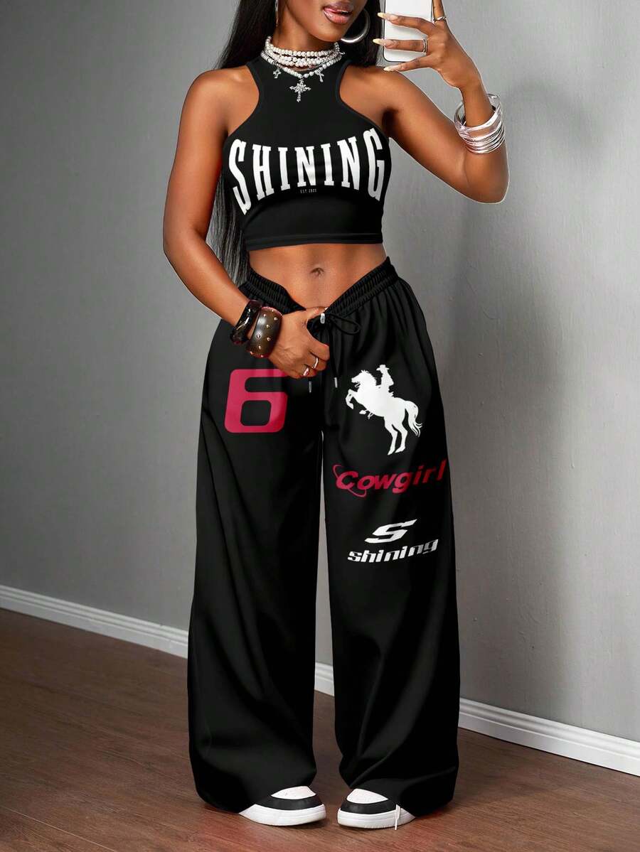 2pcs Women Casual Tight Camisole And Loose Pants Set