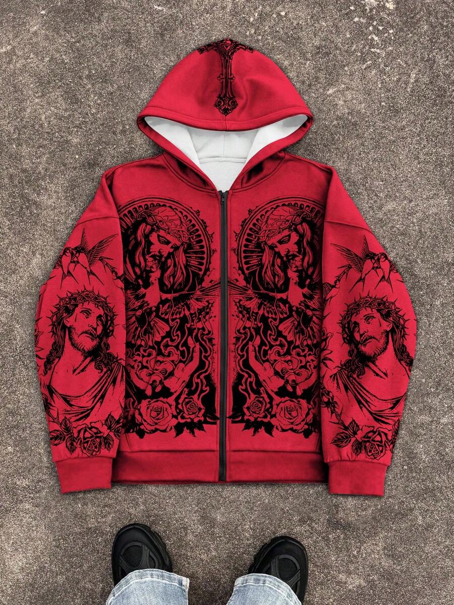 Pentagram Print Zip Front Drawstring Hoodie