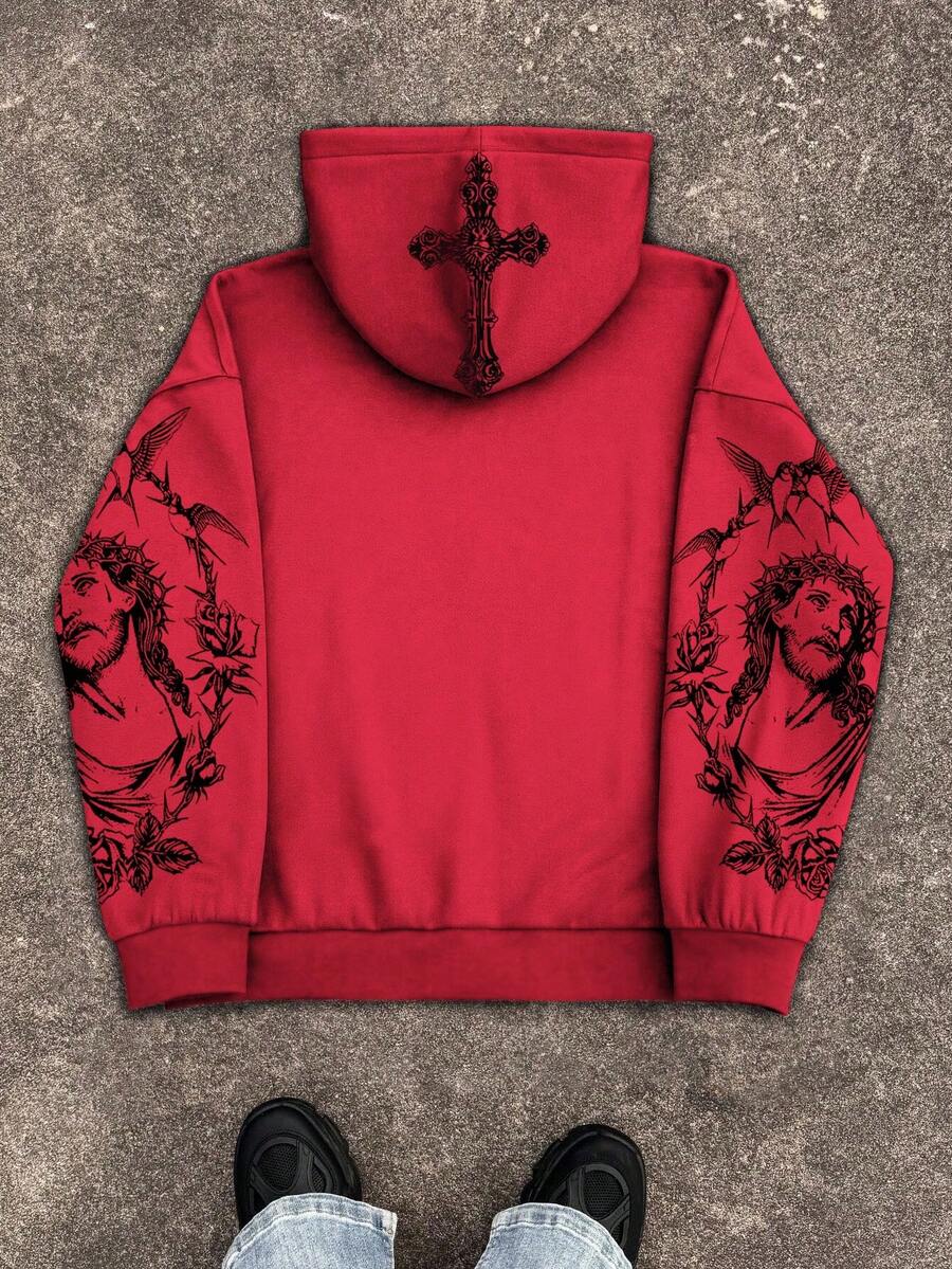 Pentagram Print Zip Front Drawstring Hoodie