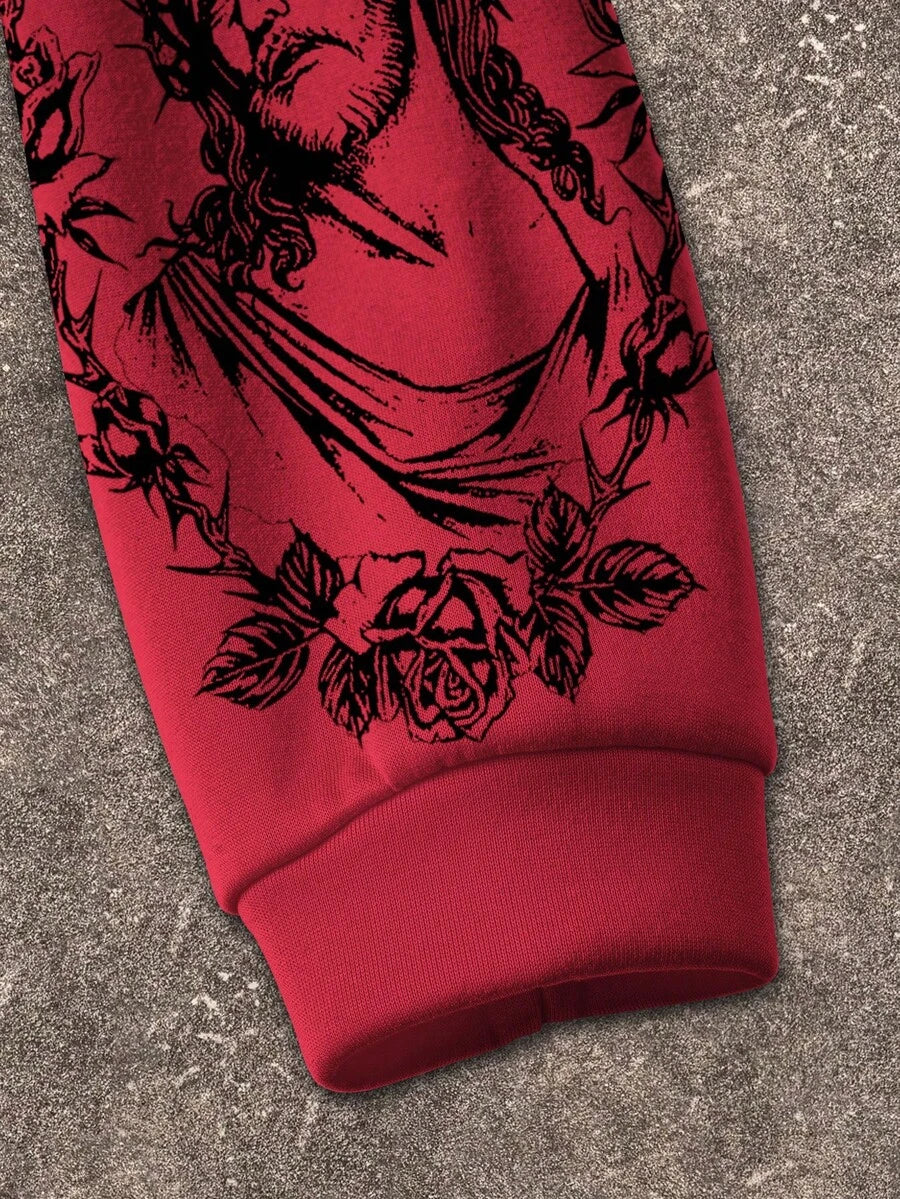 Pentagram Print Zip Front Drawstring Hoodie