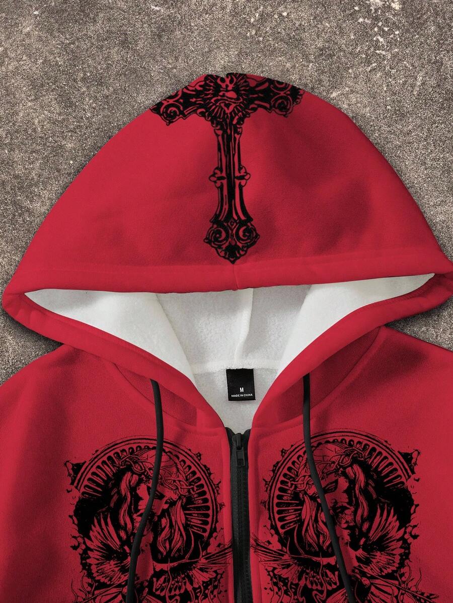 Pentagram Print Zip Front Drawstring Hoodie