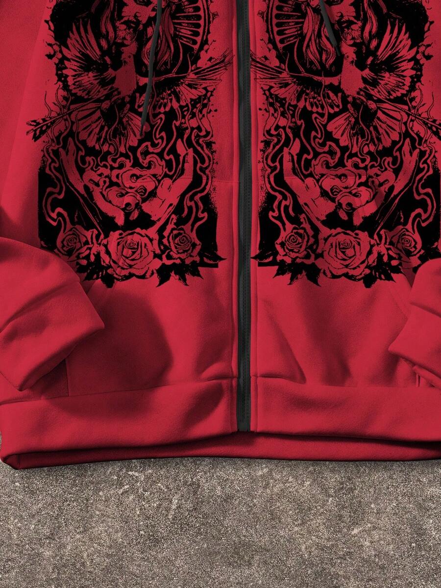 Pentagram Print Zip Front Drawstring Hoodie