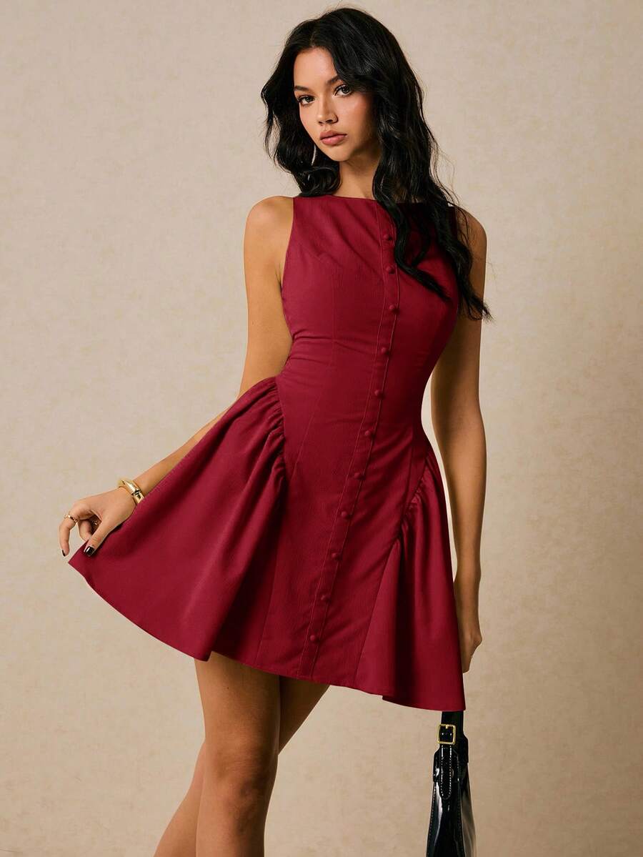 Women Sleeveless Solid Color Mini Dress