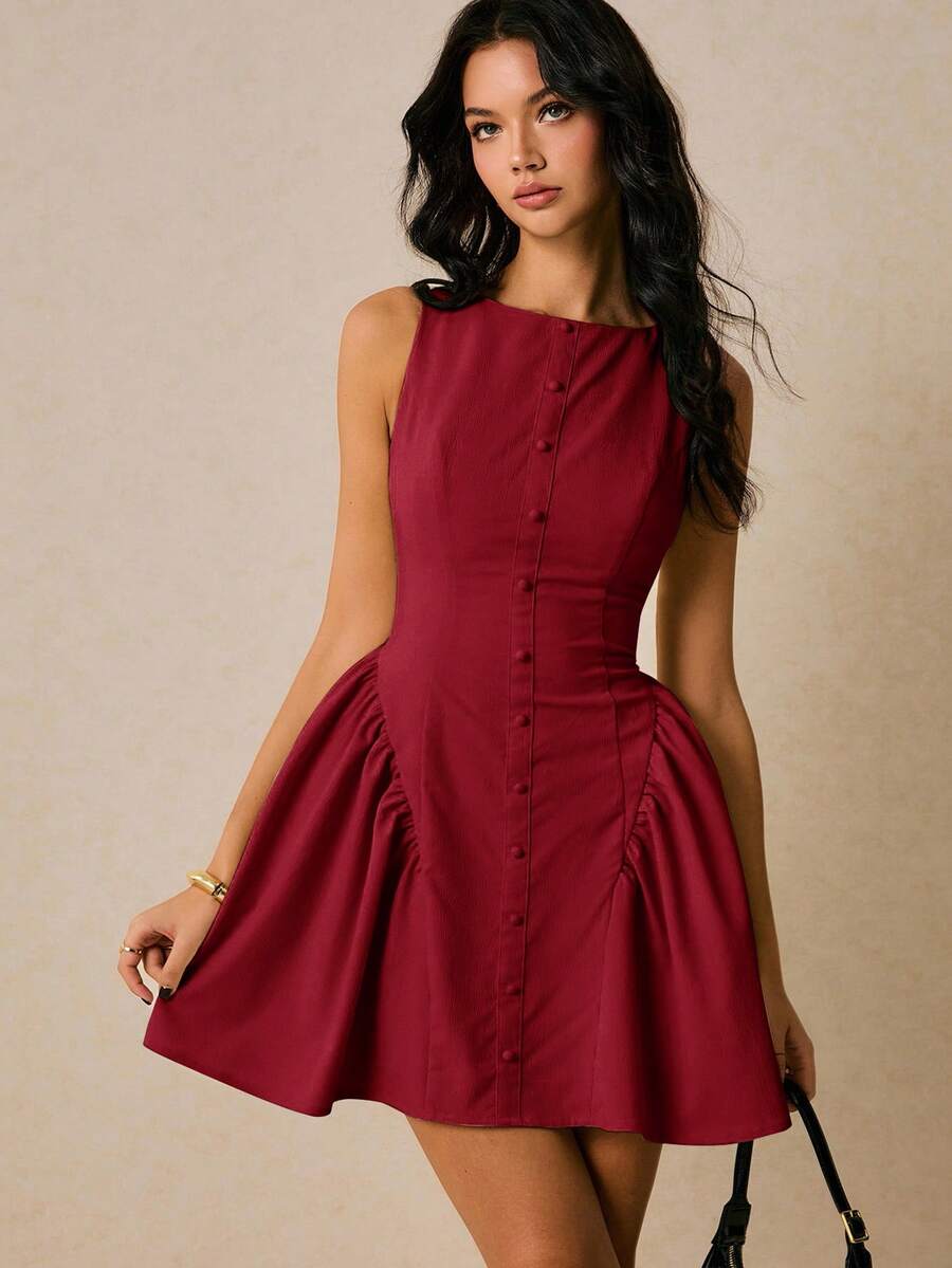Women Sleeveless Solid Color Mini Dress