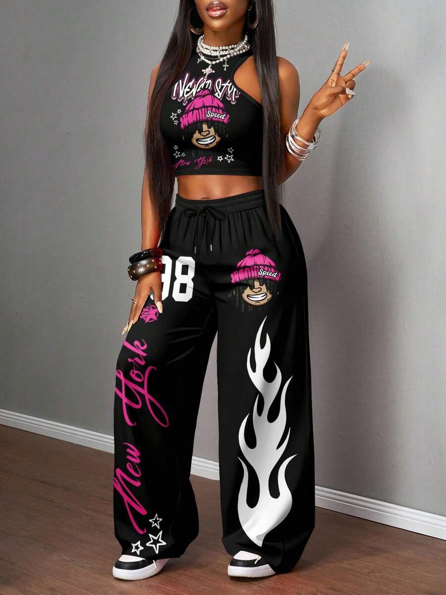 2pcs Women Casual Tight Camisole And Loose Pants Set
