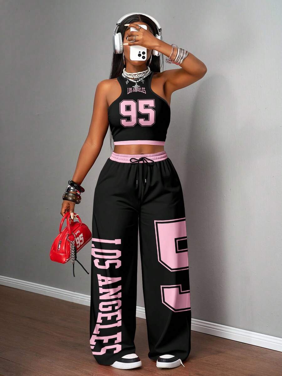 2pcs Women Casual Tight Camisole And Loose Pants Set
