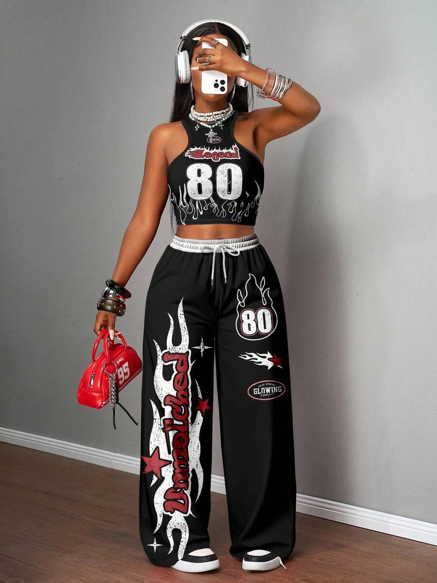 2pcs Women Casual Tight Camisole And Loose Pants Set