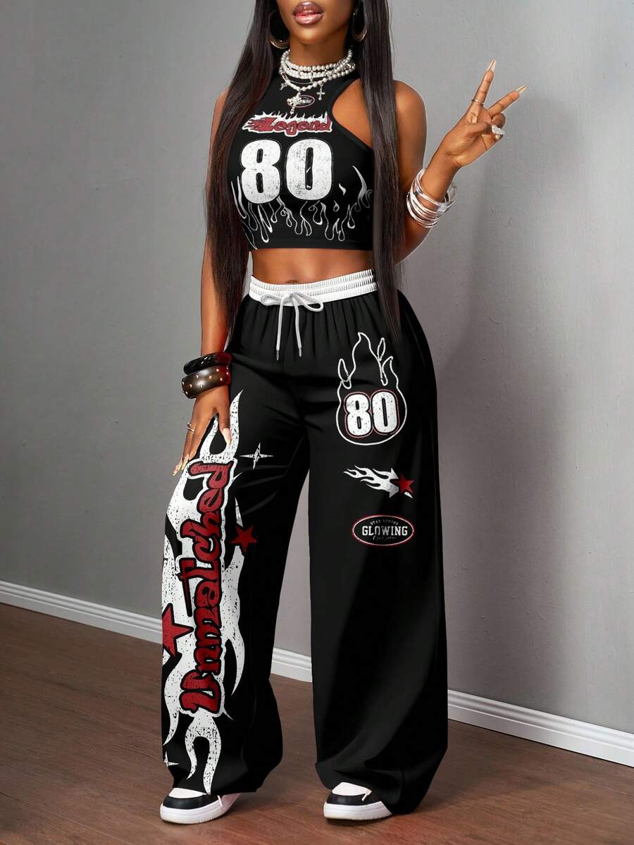 2pcs Women Casual Tight Camisole And Loose Pants Set
