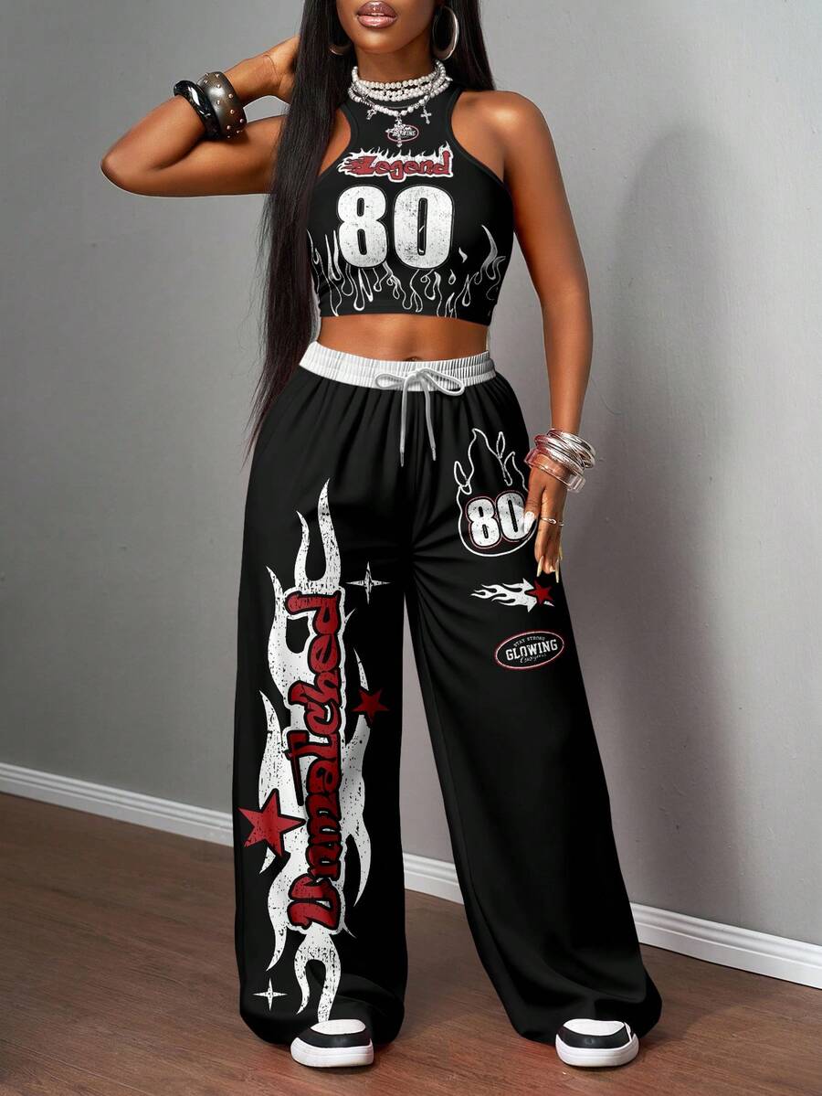 2pcs Women Casual Tight Camisole And Loose Pants Set