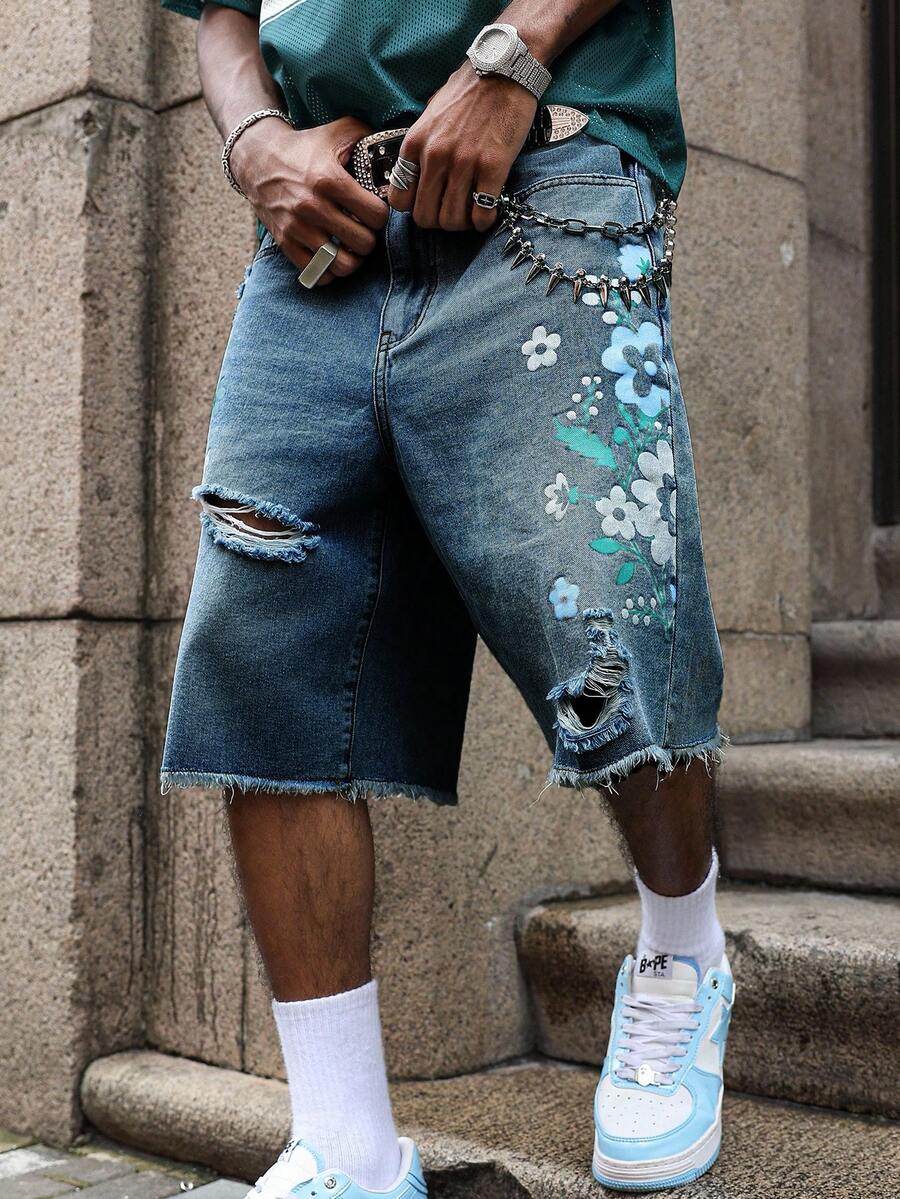 Men's Light Wash Ripped Denim Bermuda Shorts With Floral Retro Design