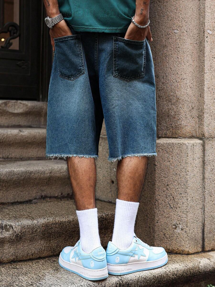 Men's Light Wash Ripped Denim Bermuda Shorts With Floral Retro Design