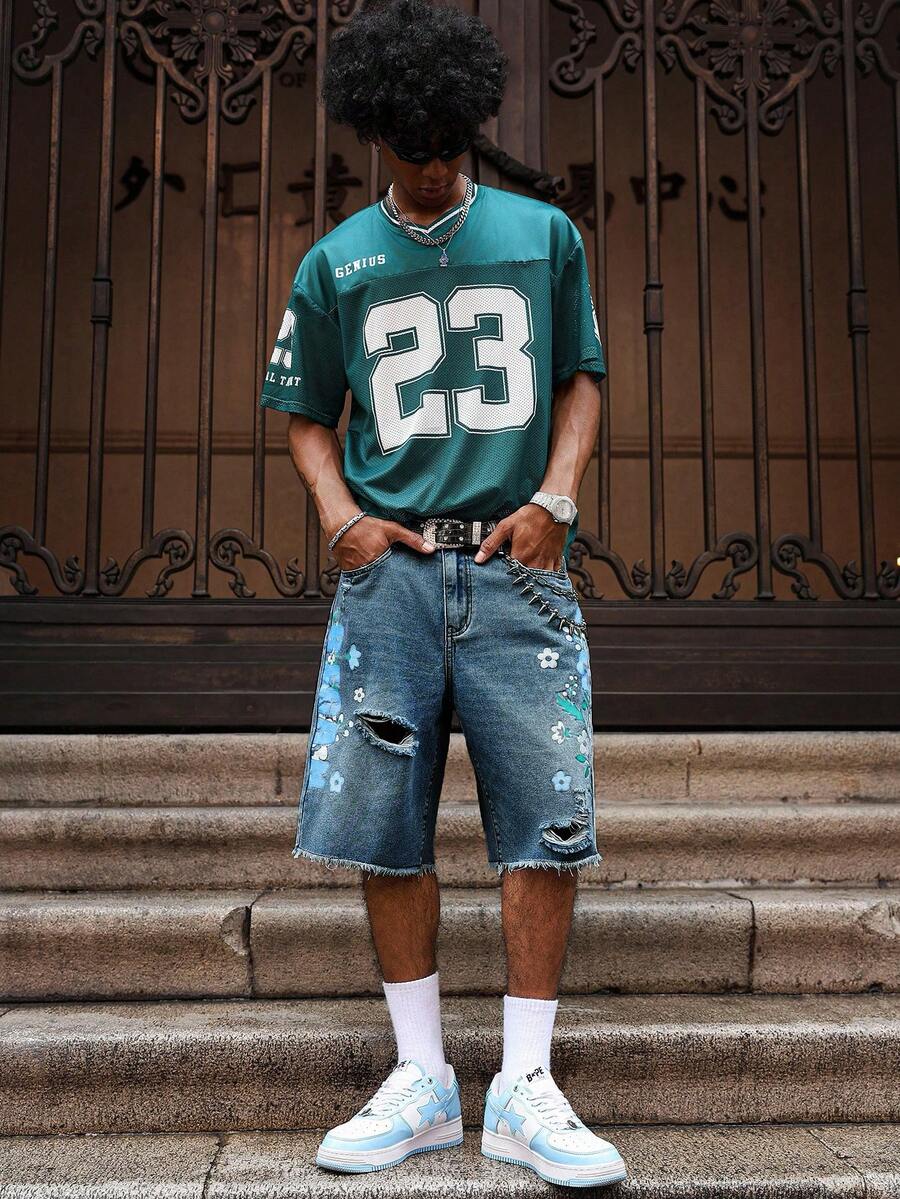 Men's Light Wash Ripped Denim Bermuda Shorts With Floral Retro Design