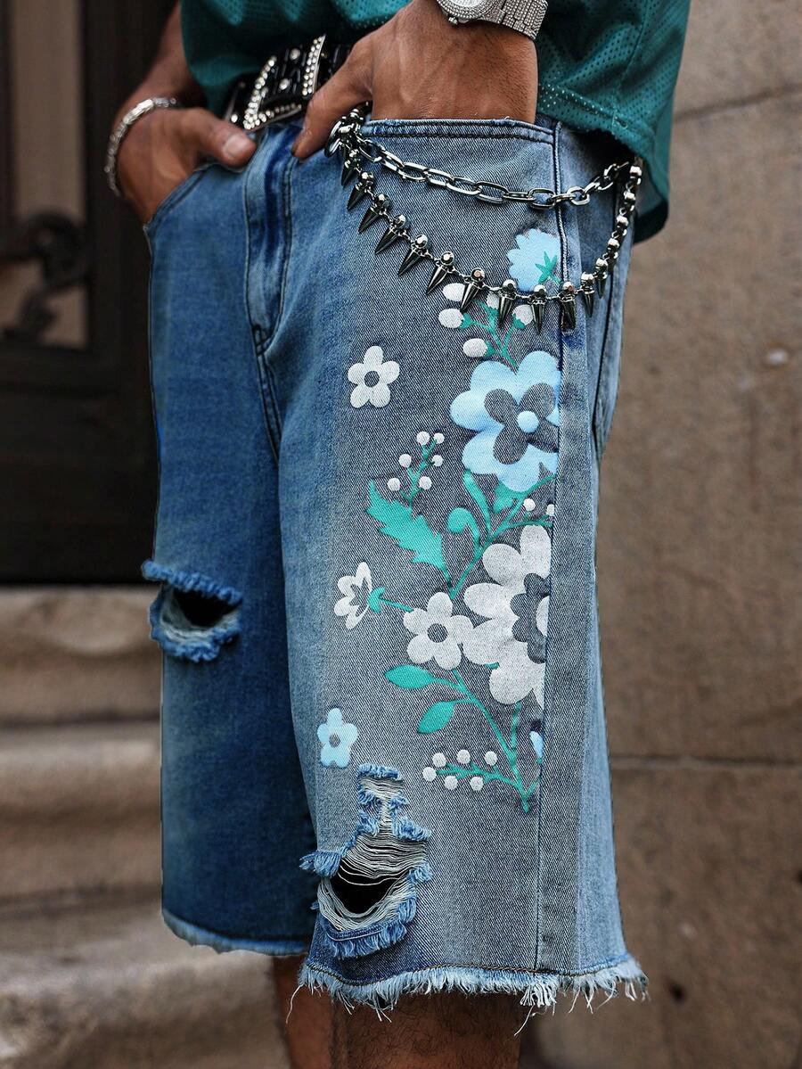Men's Light Wash Ripped Denim Bermuda Shorts With Floral Retro Design