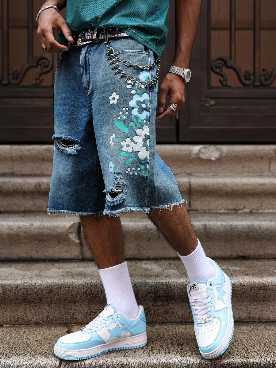 Men's Light Wash Ripped Denim Bermuda Shorts With Floral Retro Design
