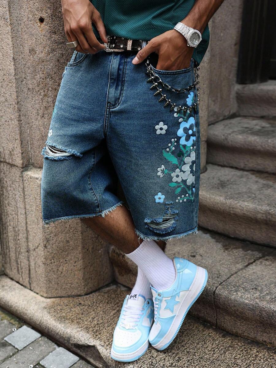 Men's Light Wash Ripped Denim Bermuda Shorts With Floral Retro Design