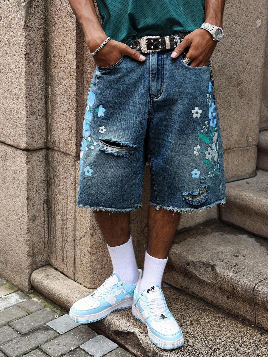 Men's Light Wash Ripped Denim Bermuda Shorts With Floral Retro Design