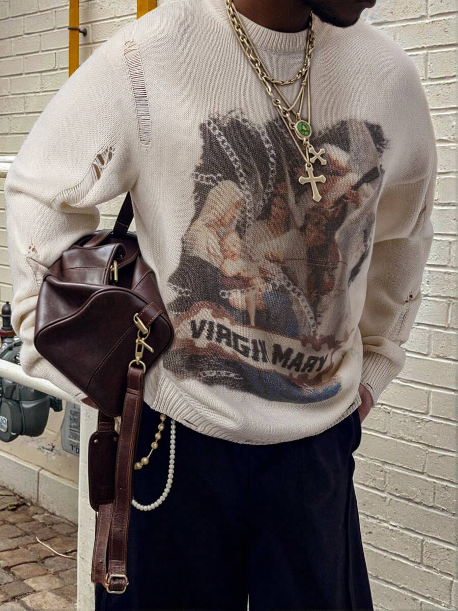 Men's Retro Artistic Oil Painting Style Print Long Sleeve Crew Neck Pullover Knit Sweater