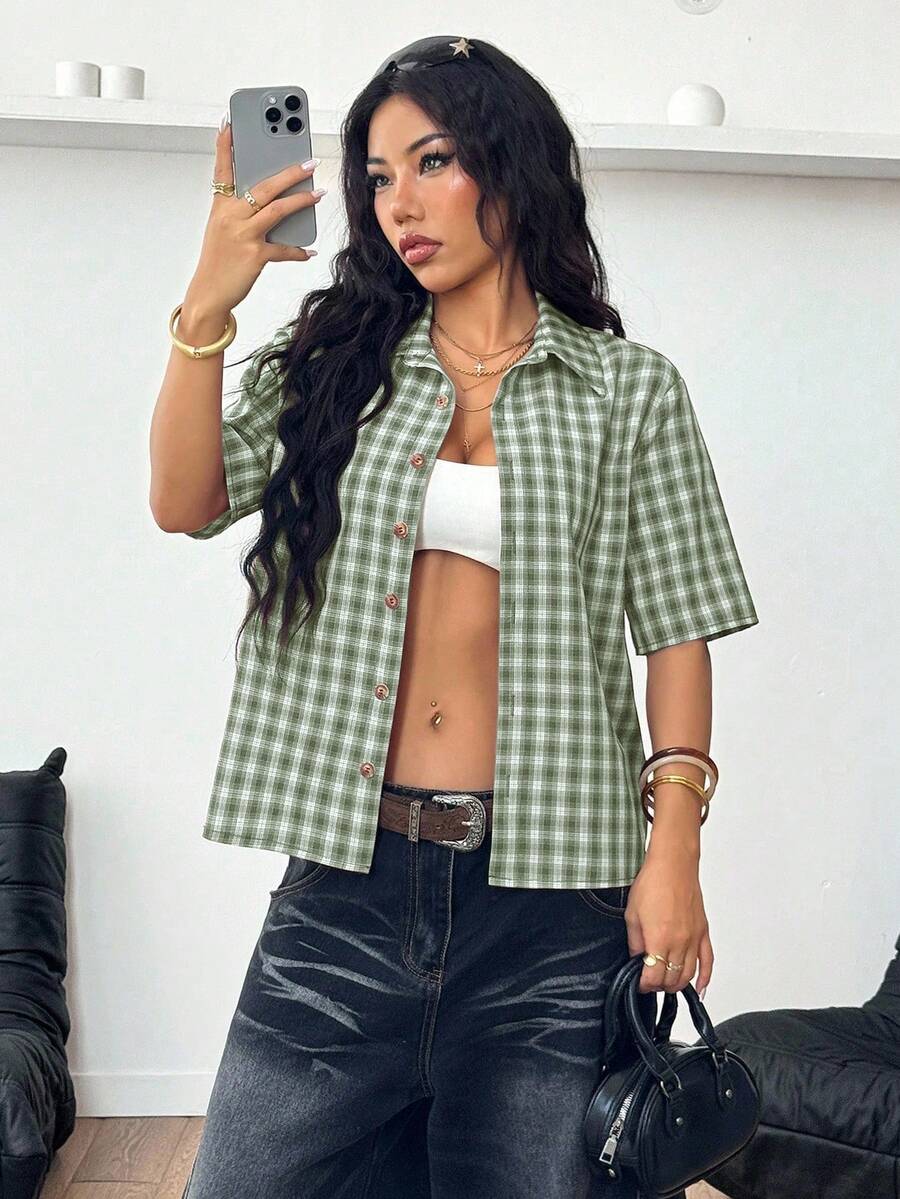 Women Crooped Zip Pocket Short Sleeve Shirt