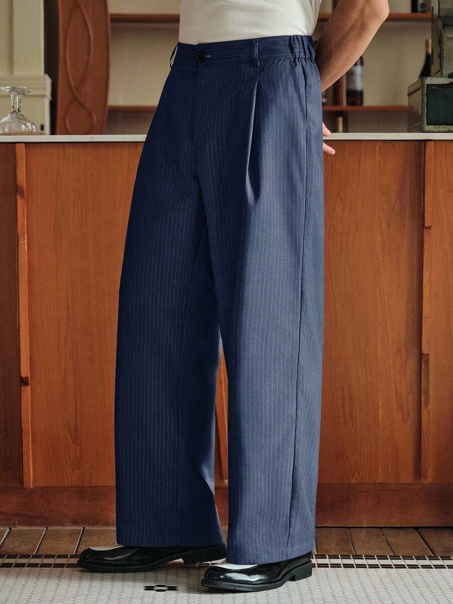 Men's Striped Print Fold Pleated Business Casual Dress Pants