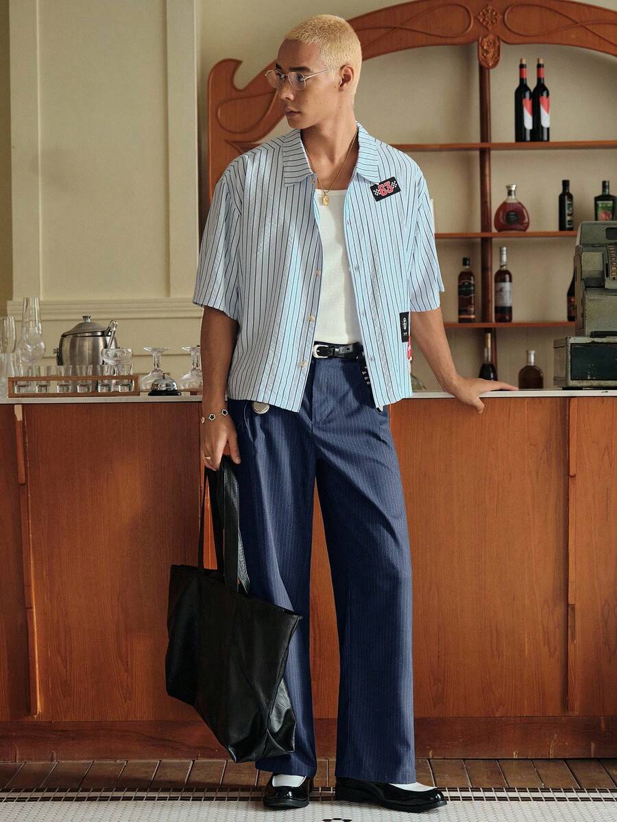 Men's Striped Print Fold Pleated Business Casual Dress Pants