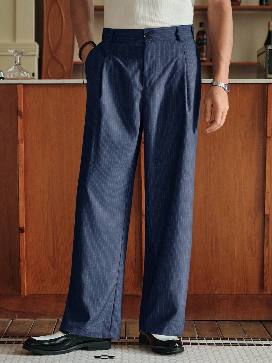 Men's Striped Print Fold Pleated Business Casual Dress Pants