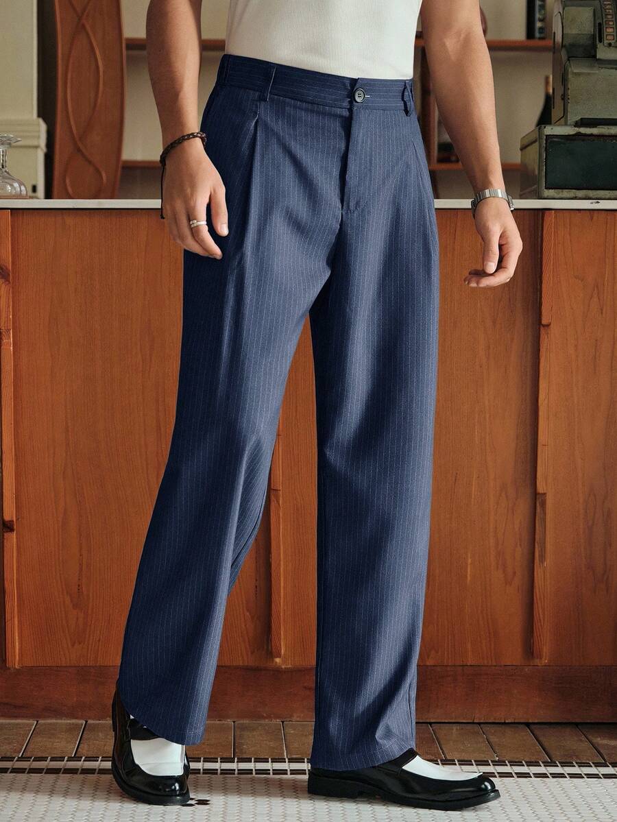 Men's Striped Print Fold Pleated Business Casual Dress Pants