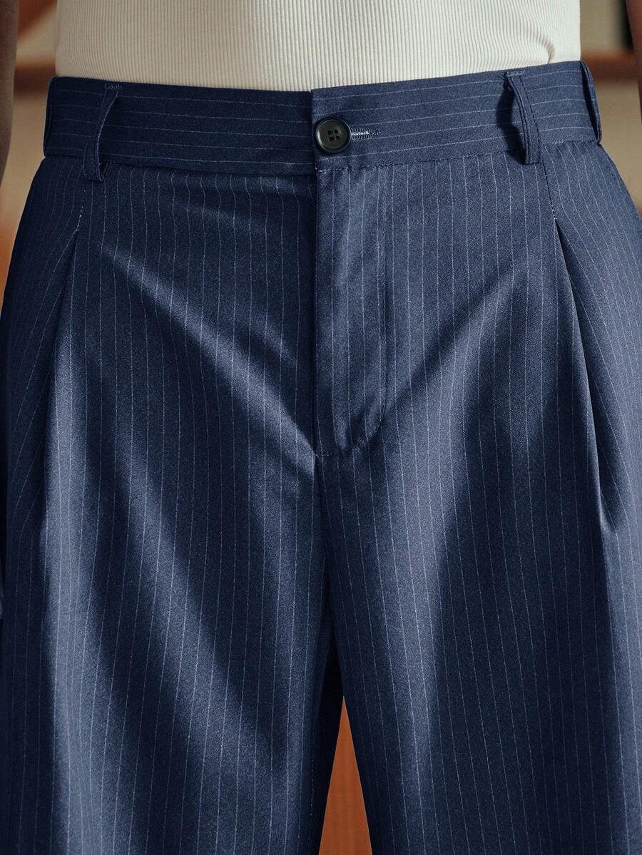 Men's Striped Print Fold Pleated Business Casual Dress Pants