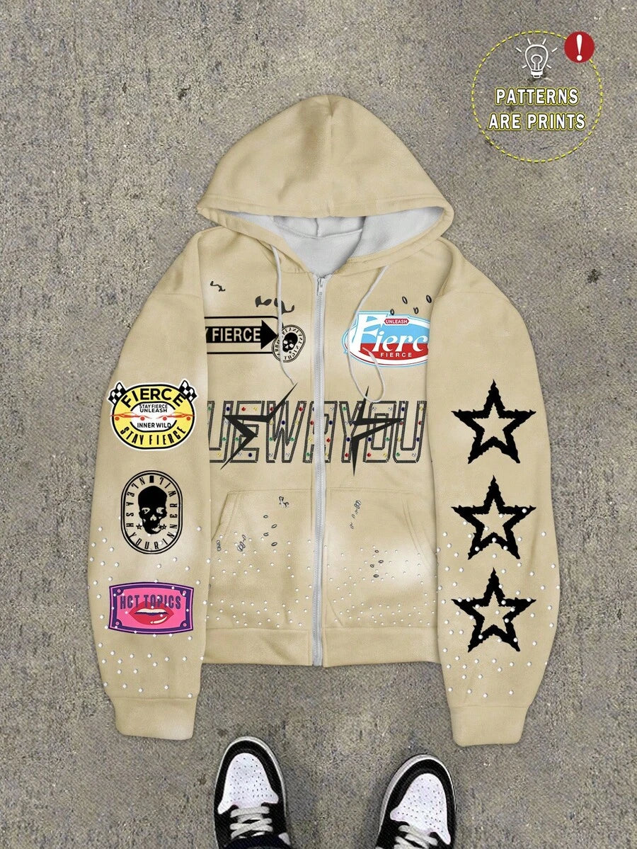 Pentagram Print Zip Front Drawstring Hoodie