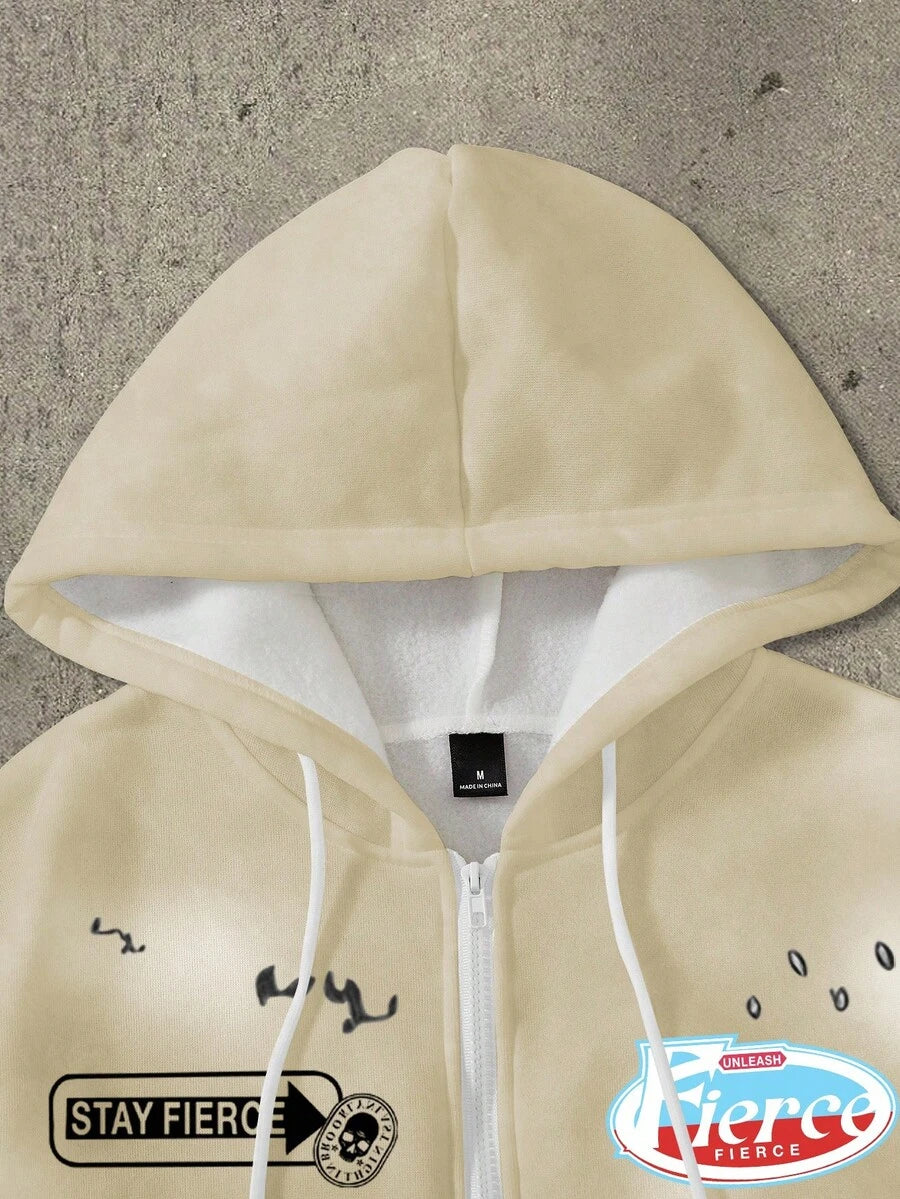 Pentagram Print Zip Front Drawstring Hoodie