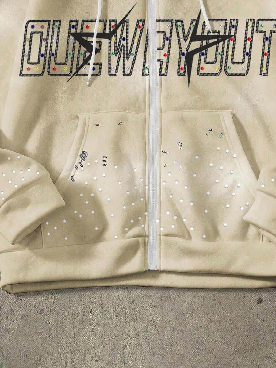 Pentagram Print Zip Front Drawstring Hoodie