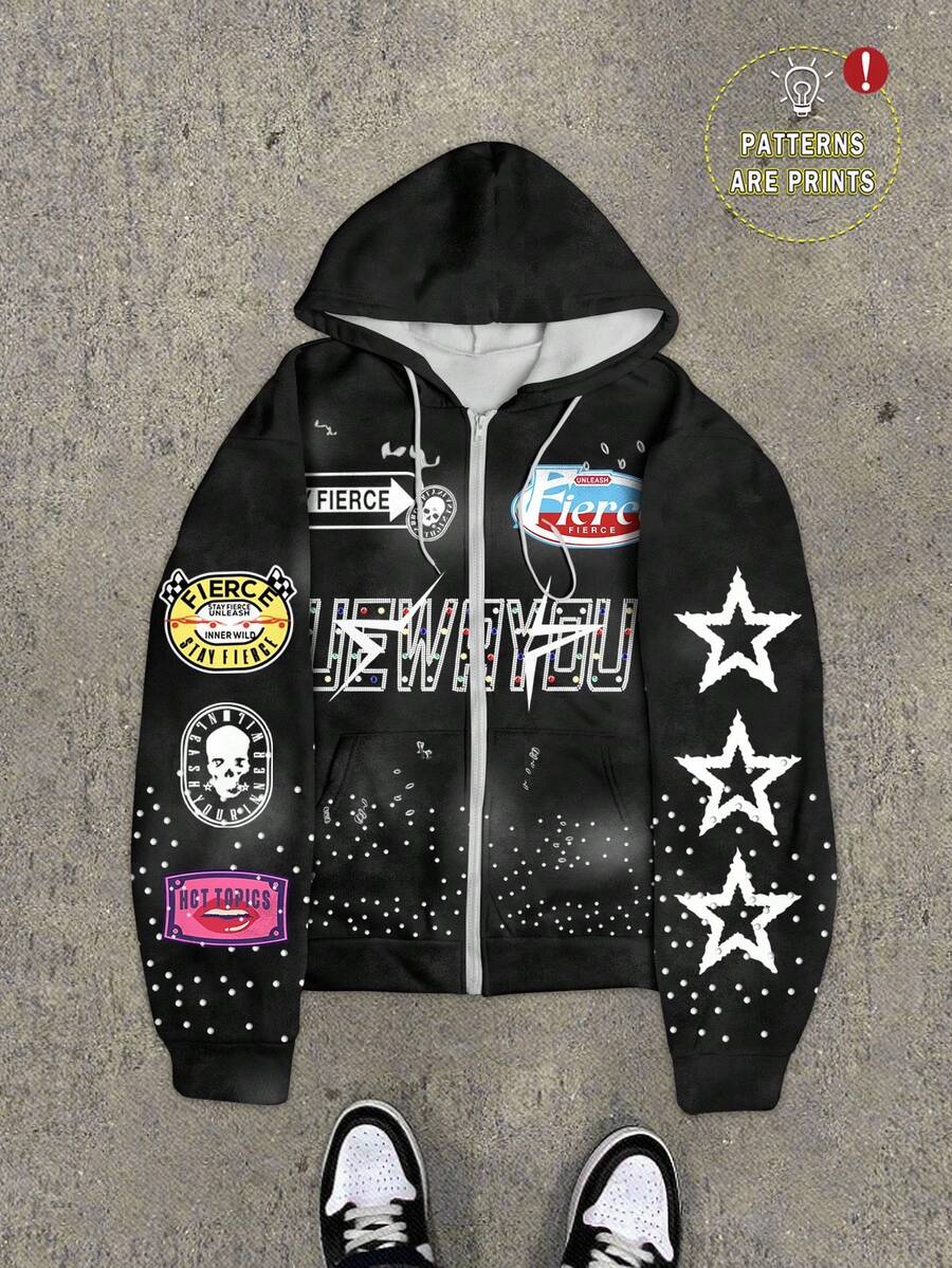 Pentagram Print Zip Front Drawstring Hoodie