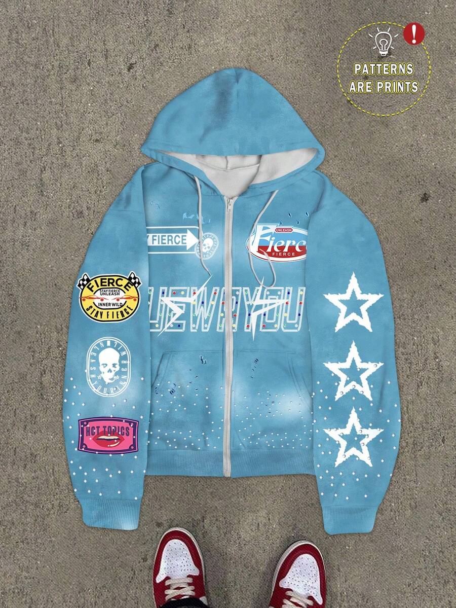 Pentagram Print Zip Front Drawstring Hoodie