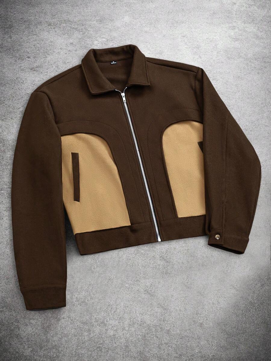 Men's Streetwear Style Brown & Tan Colorblock Zip-Up Cropped Jacket