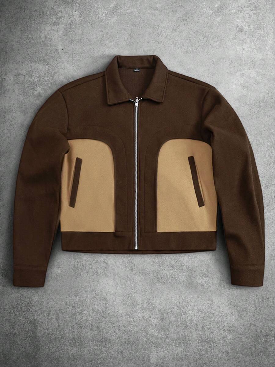 Men's Streetwear Style Brown & Tan Colorblock Zip-Up Cropped Jacket