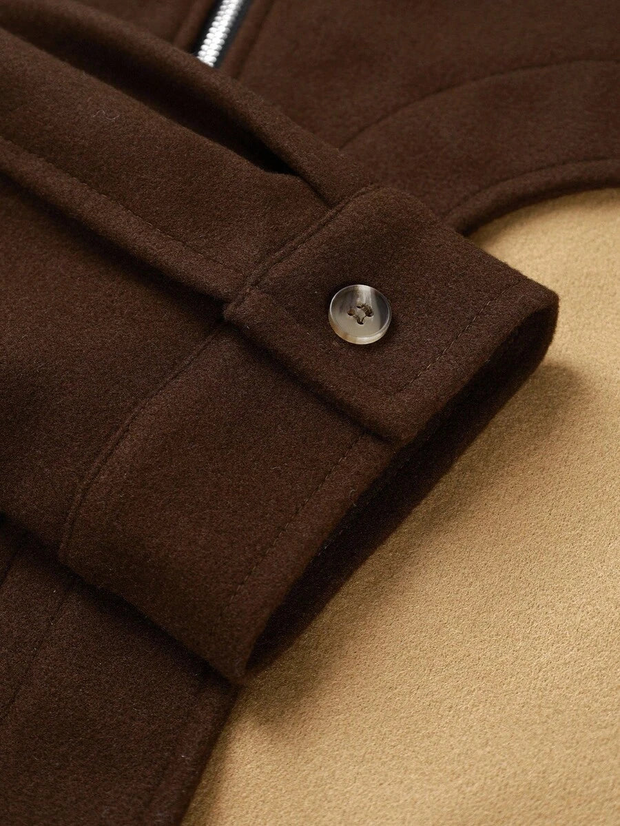 Men's Streetwear Style Brown & Tan Colorblock Zip-Up Cropped Jacket